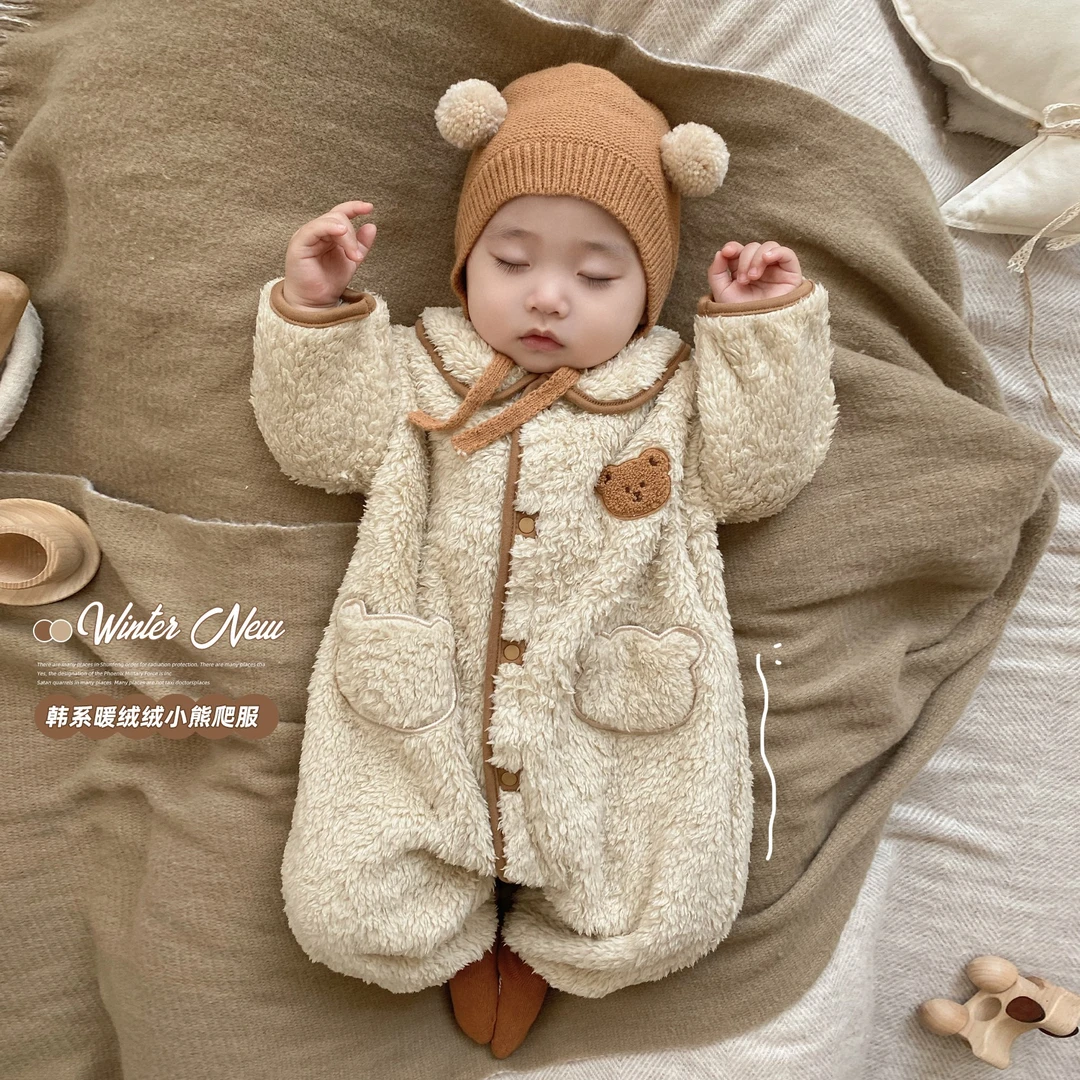 婴儿冬装连体衣冬季保暖双面绒绒可爱小熊爬服SK1298【3店】