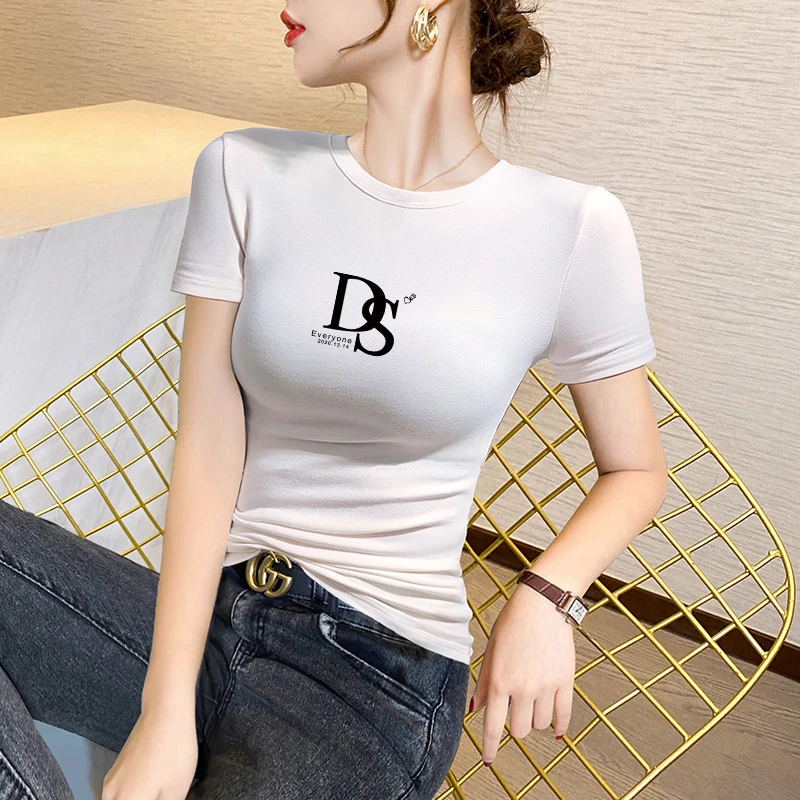 白色圆领短袖t恤女2025新款夏修身显瘦百搭设计感小众正肩上衣ins