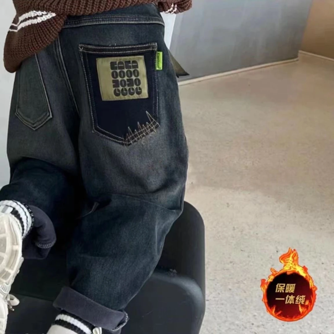 男童一体绒裤子2023秋冬季新款儿童加绒牛仔裤时髦宝宝冬款加绒裤