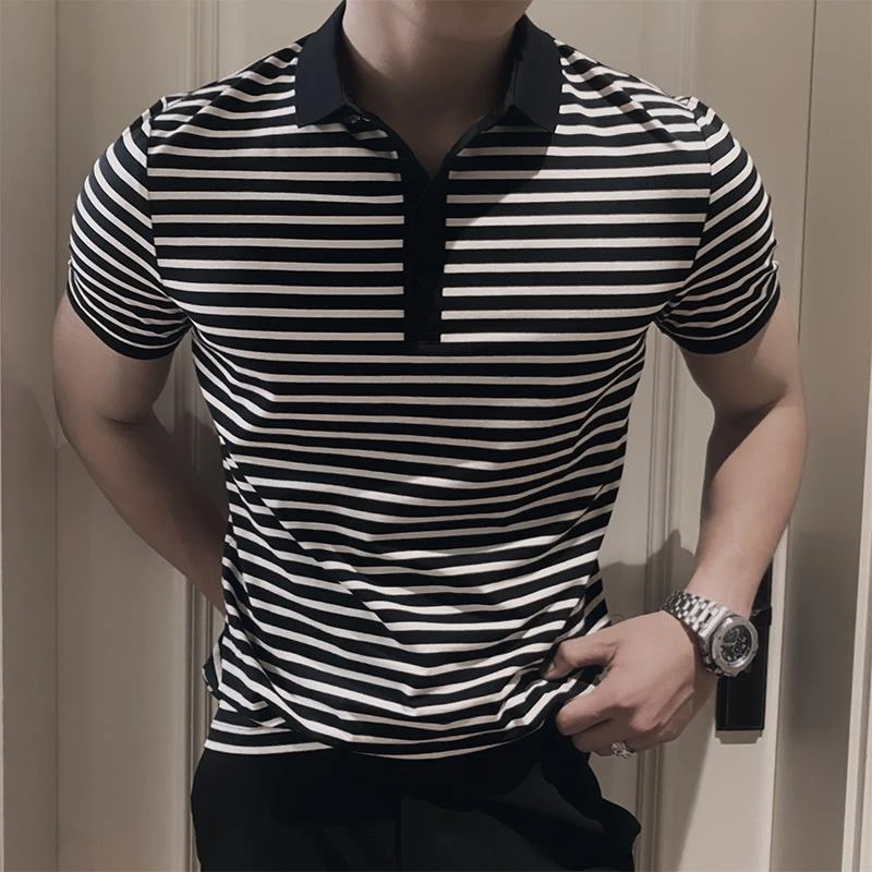 时尚潮流横条纹衫男士短袖夏季舒适舒适男装新款衣服高端潮流恤