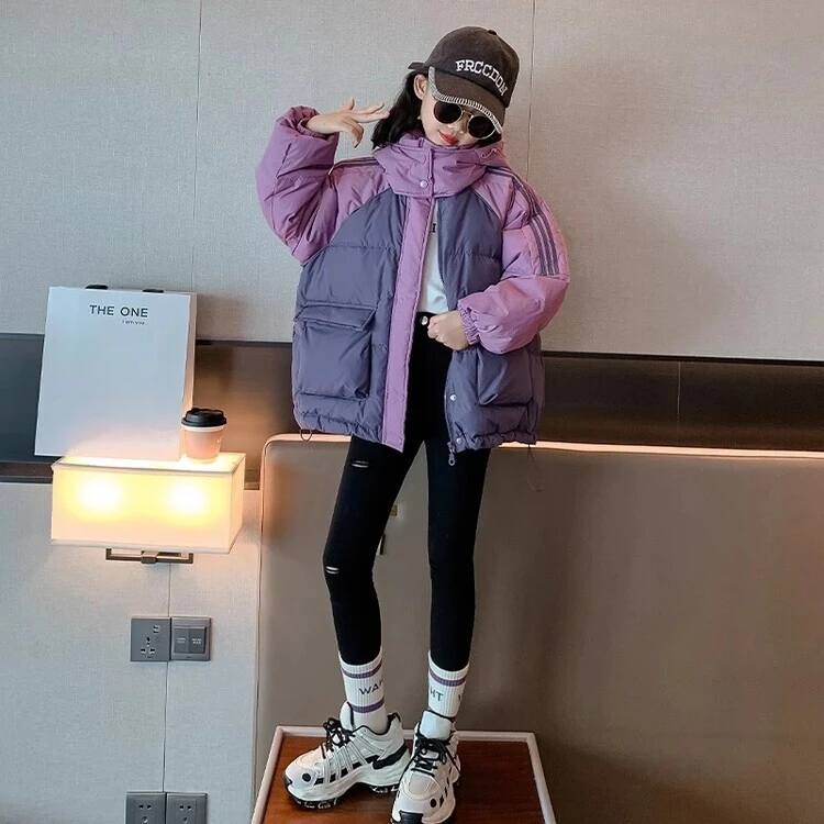 女童棉衣新款中大童冬装洋气加厚棉袄儿童冬季拼色加绒棉服外套潮