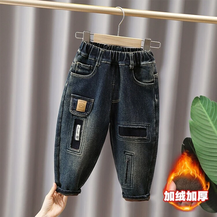 男童加绒牛仔裤2023新款冬季时尚百搭加厚宽松长裤中大童男孩洋气