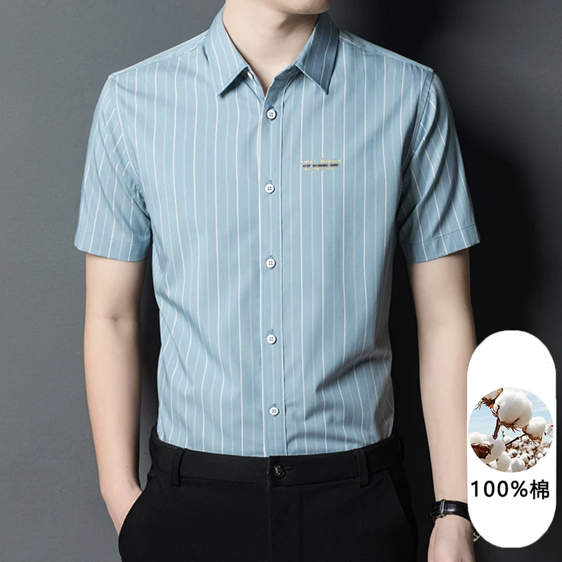 58191夏季新款中老年男士短袖衬衣半袖衬衫纯棉高档竖条薄款百搭