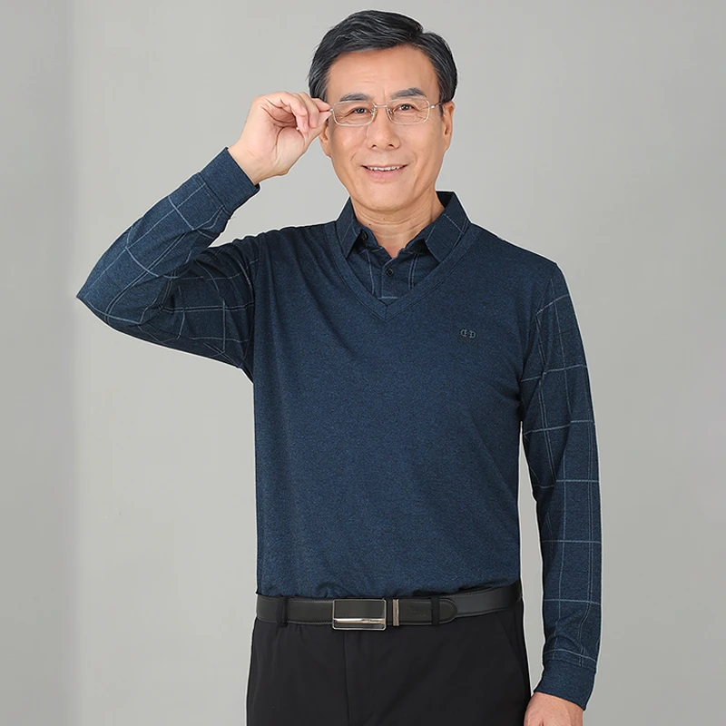 822【薄款长袖T恤】春秋季新款假两件套装男士中老年秋装格子上衣