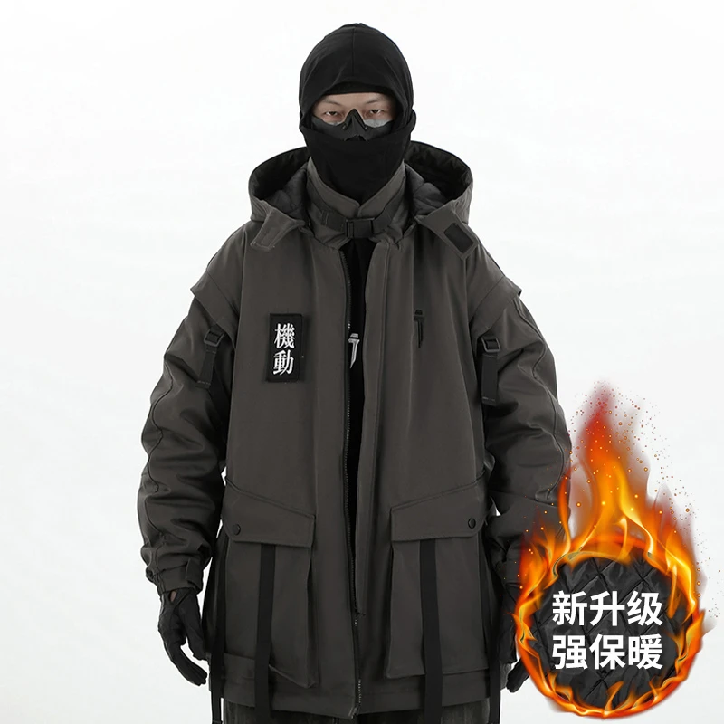 JIYEIND潮牌机能飘带棉服男女2023冬季新款宽松工装连帽加厚棉衣