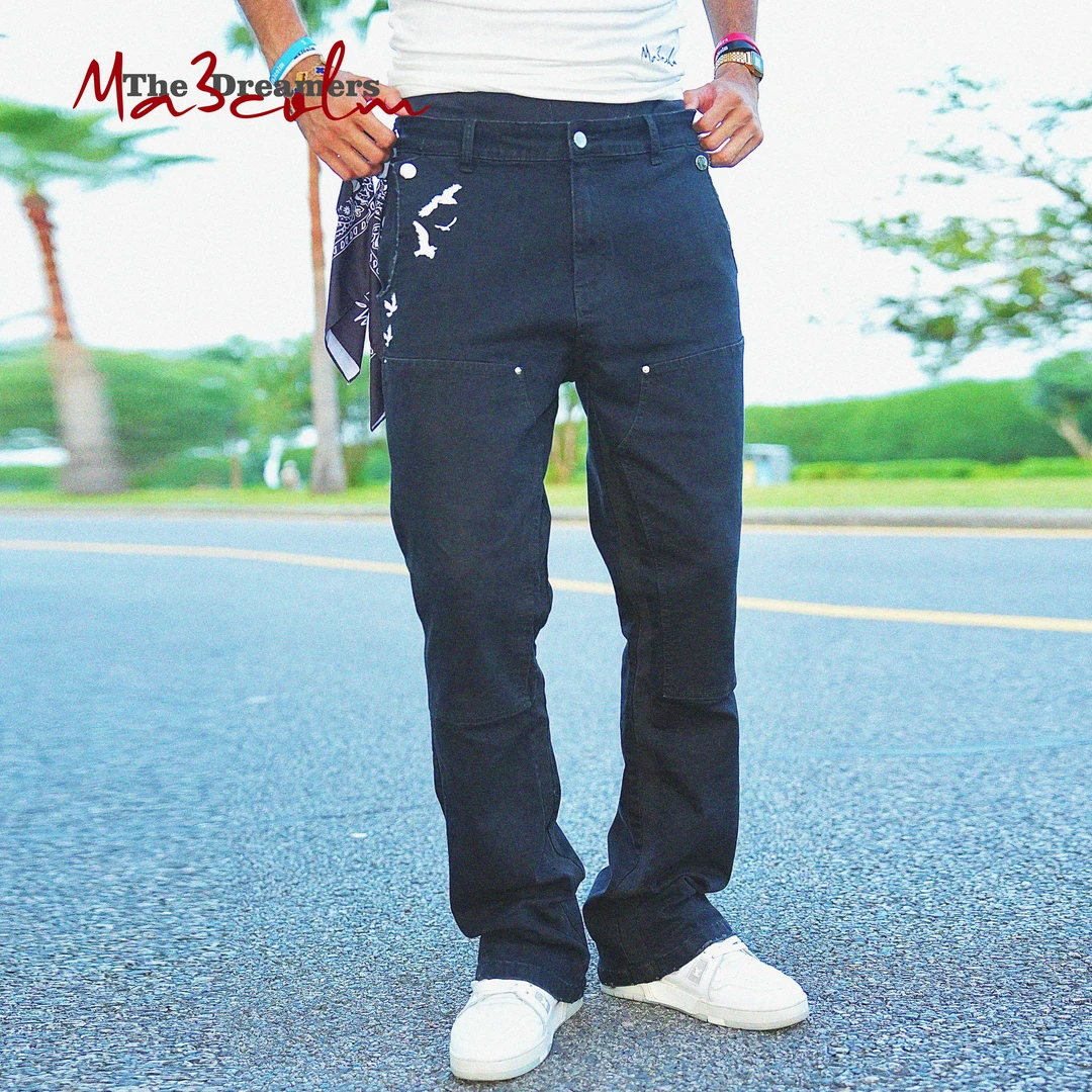 Ma3colm追梦系列黑色伐木牛仔裤鸽子刺绣微弹微喇街头百搭卡米然