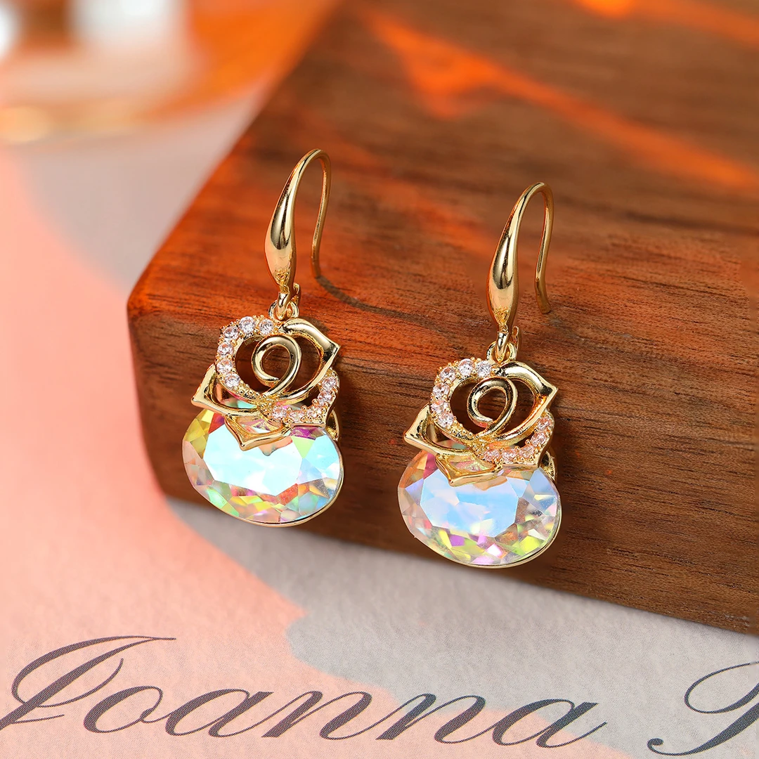 铜合金仿水晶耳饰 A202~轻奢高级感彩色晶晶石耳钩精致百搭耳环