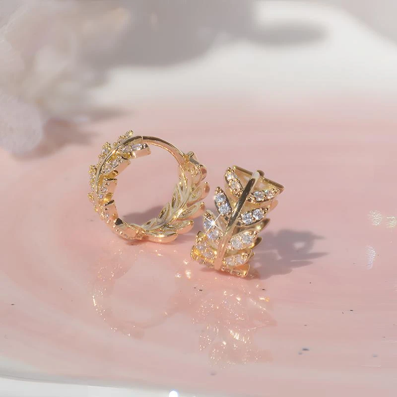 铜合金耳饰 A72-简约时尚满钻树叶耳扣小巧精致百搭耳环气质优雅