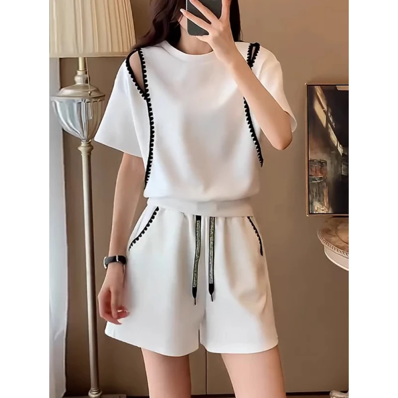 短裤套装女夏季2024新款时尚洋气大码显瘦露肩短袖上衣裤子两件套