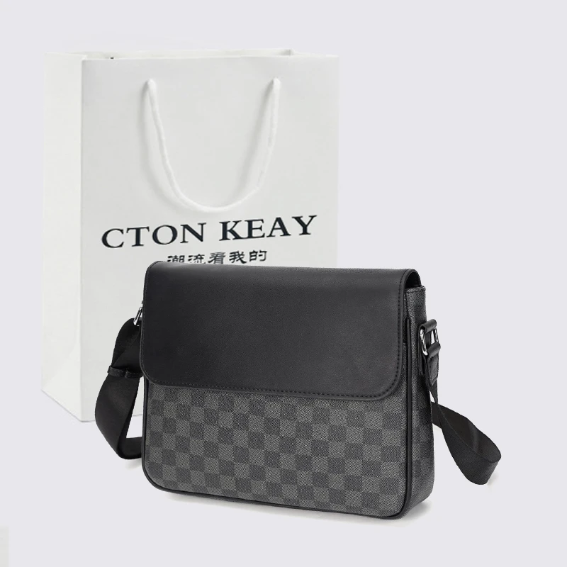 格子邮差包男士单肩包牛皮斜挎包休闲商务格子包包新款斜肩包