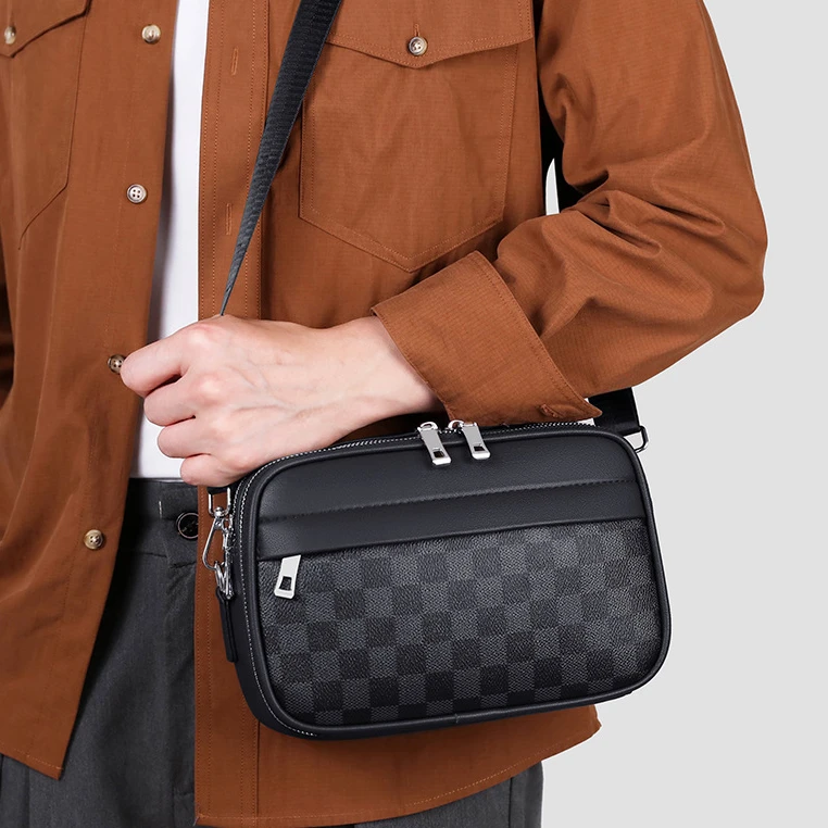 新款欧美外贸男士休闲格子单肩包手拿牛皮斜挎包时尚小方包小背包