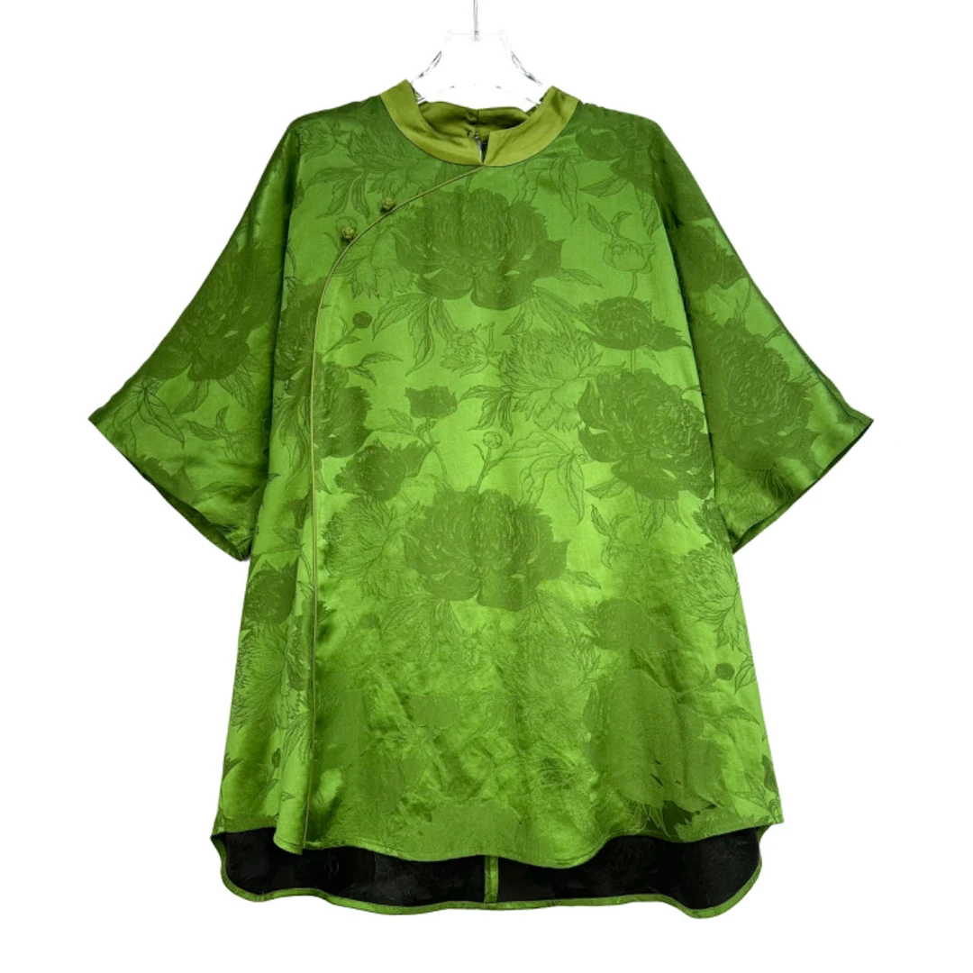 大码时尚40姆米重缎提花香云纱小立领连肩袖上衣8511