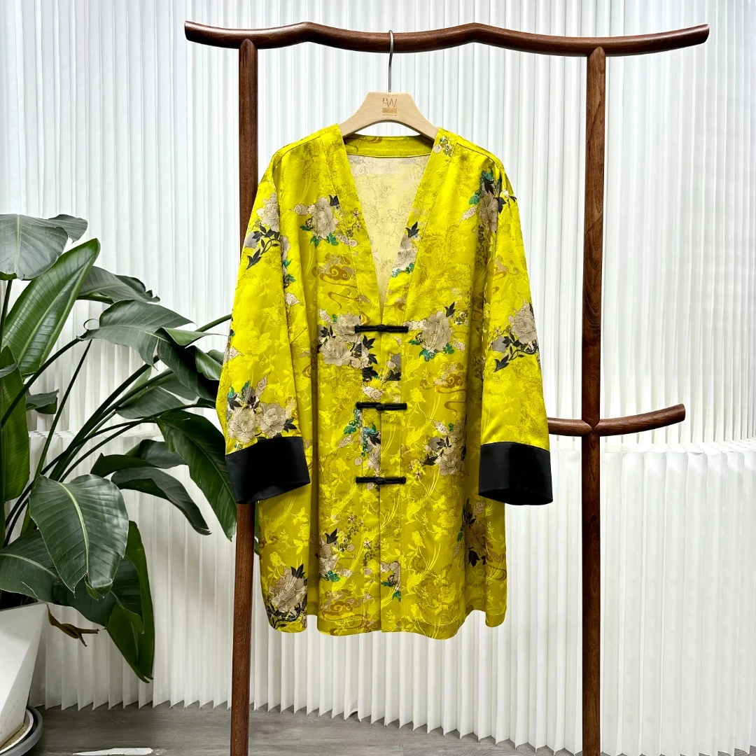 胖姐的大码时尚桑蚕丝提花复古中式撞色盘扣开衫6866二店
