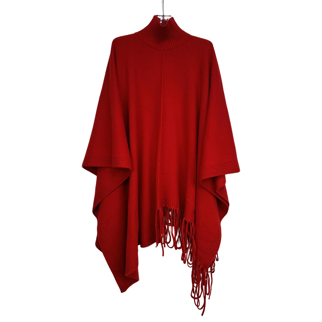 大码时尚26支全羊毛时尚大气百搭高领流苏披肩斗篷毛衣8687