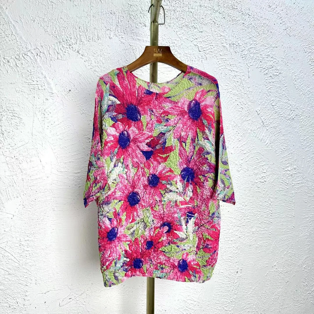 大码时尚手工压褶工艺百搭印花短袖圆领上衣7919