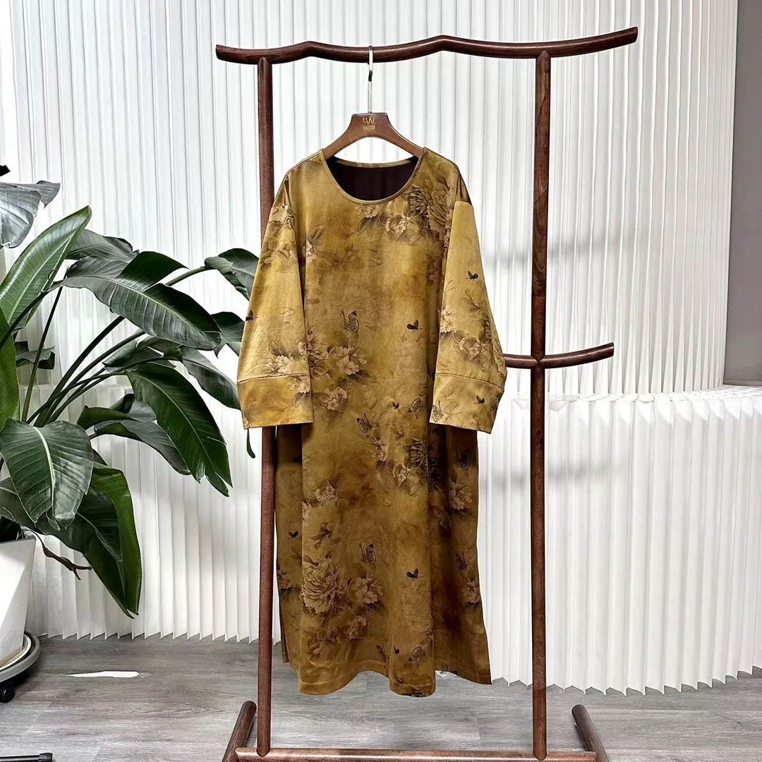 胖姐的时尚大码重缎前喷香云纱印花复古中式圆领七分袖连衣裙6905