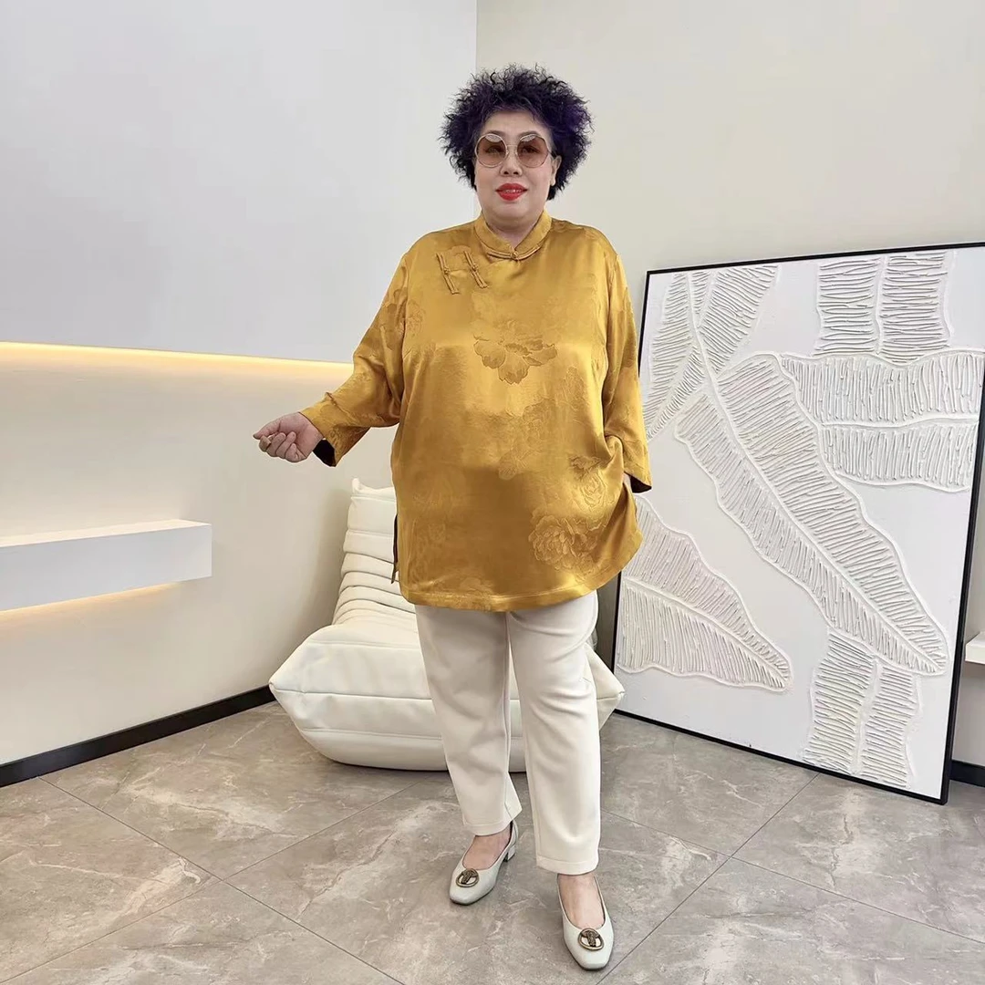 胖姐的时尚大码香云纱小重缎新中式小立领旗袍款上衣7533