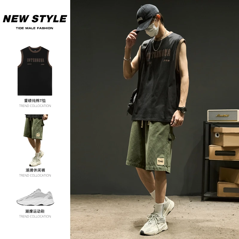 无袖背心男短裤运动套装男款盐系穿搭两件套背心搭配工装短裤酷帅