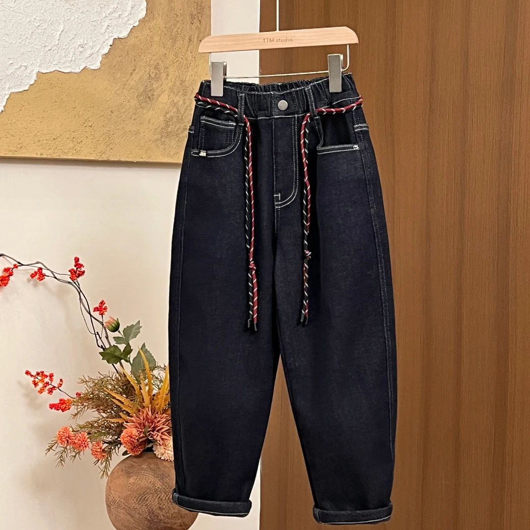 现货【巨百搭】男女童加绒大童牛仔裤 秋冬老爹裤中大童长裤