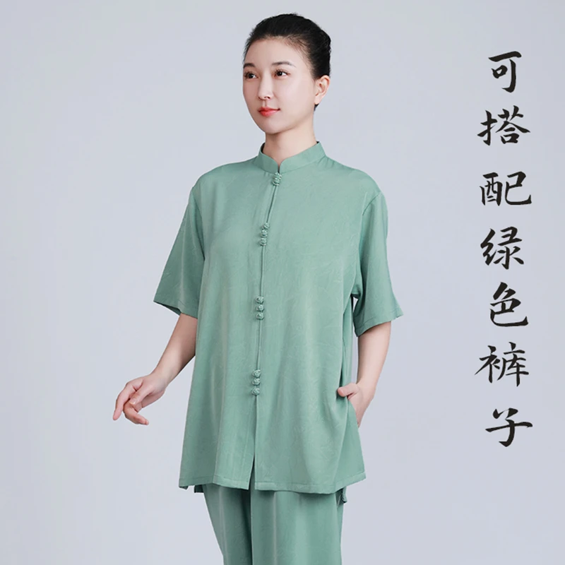 小和山太极服女新款高端太极拳练功服男春夏季服装醋酸锻短袖压花