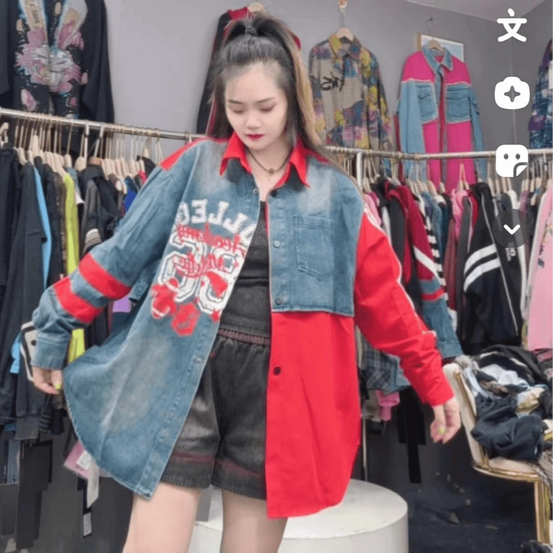 LY家6256#字母印花POLO领牛仔拼接宽松百搭衬衫