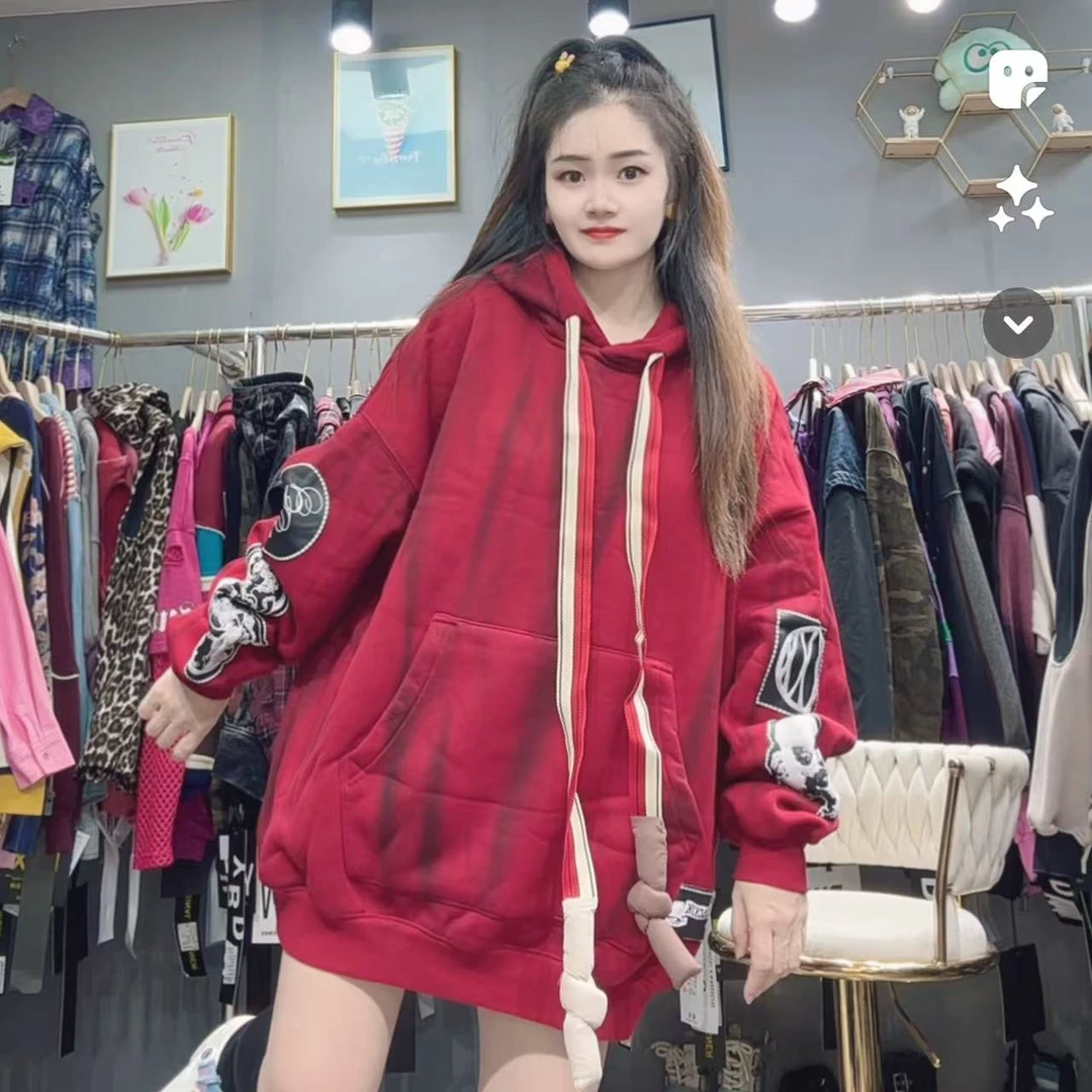 LY家4026#R.D贴标字母印花连帽彩带加绒宽松卫衣