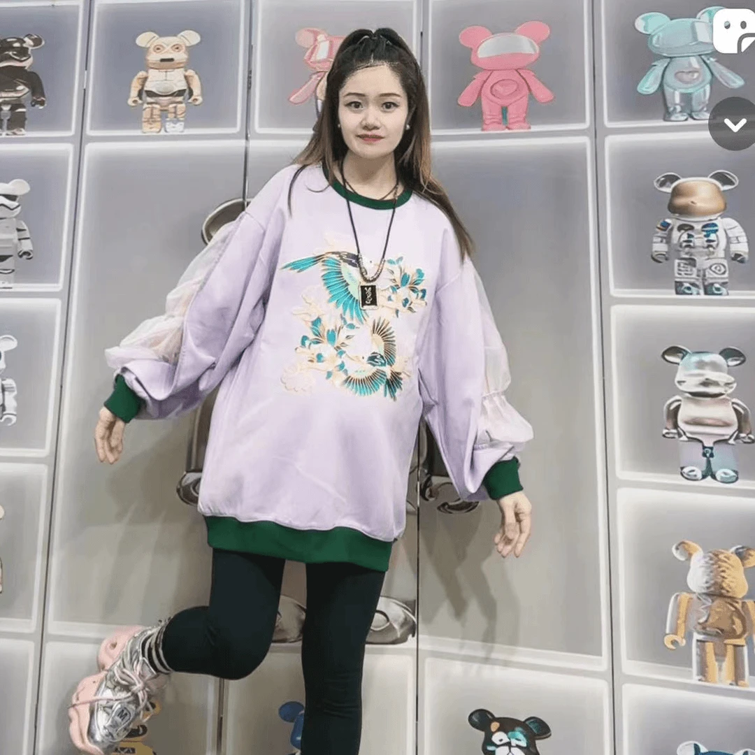 LY家1066#R.D春季拼色领国风印花圆领宽松卫衣