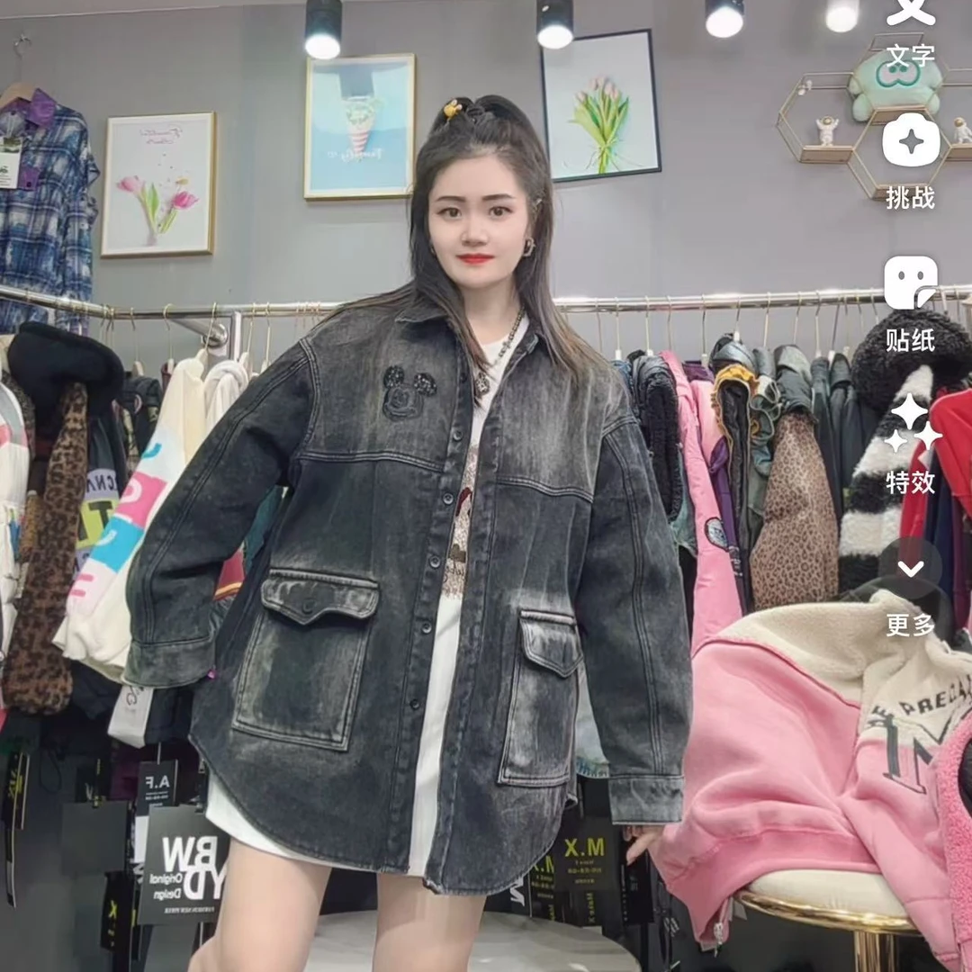 LY家5933#YBDW冬季水洗牛仔亮片卡通布贴加绒立领宽松外套