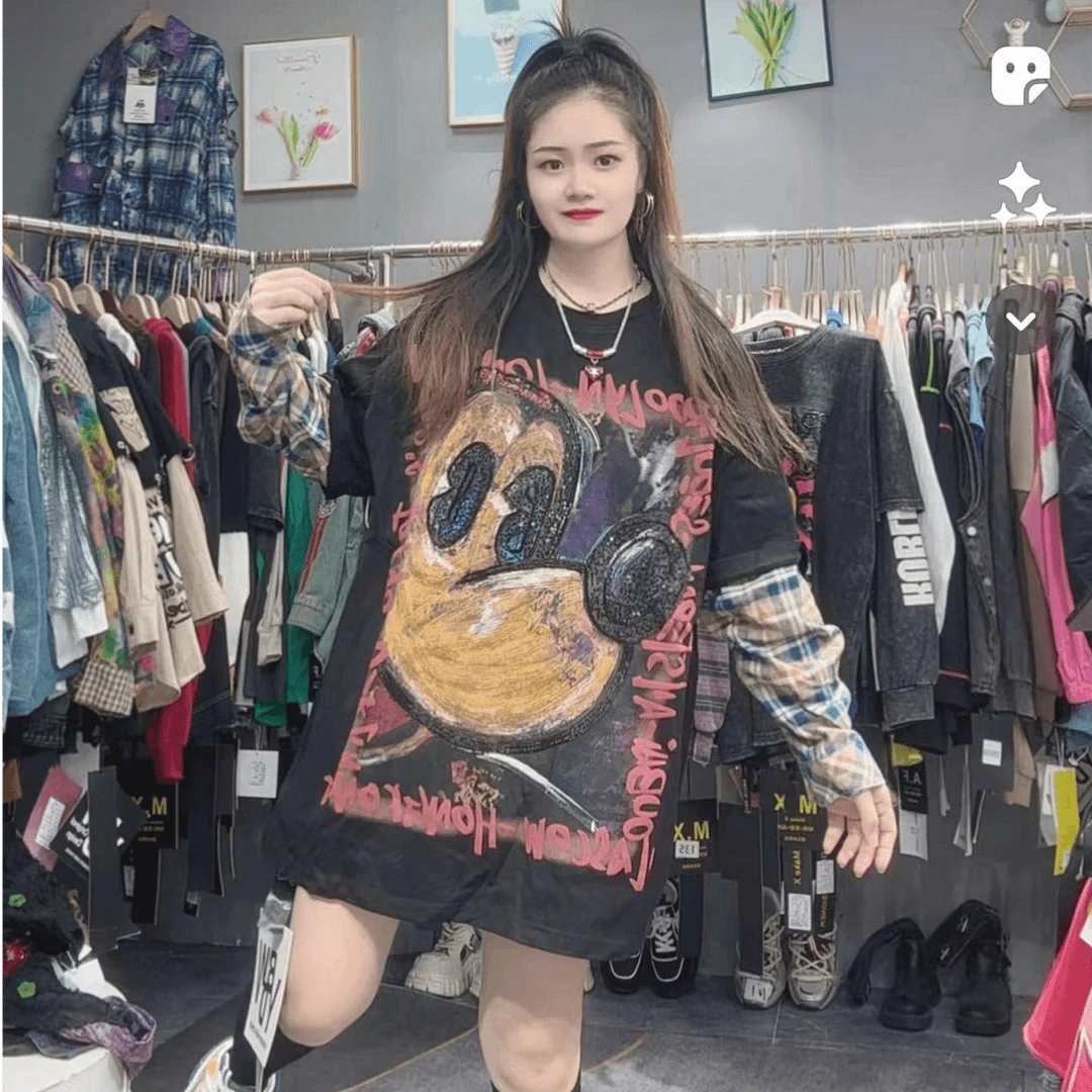 LY家7087#YBDW秋季高飞印花格子拼接袖假两件休闲百搭卫衣