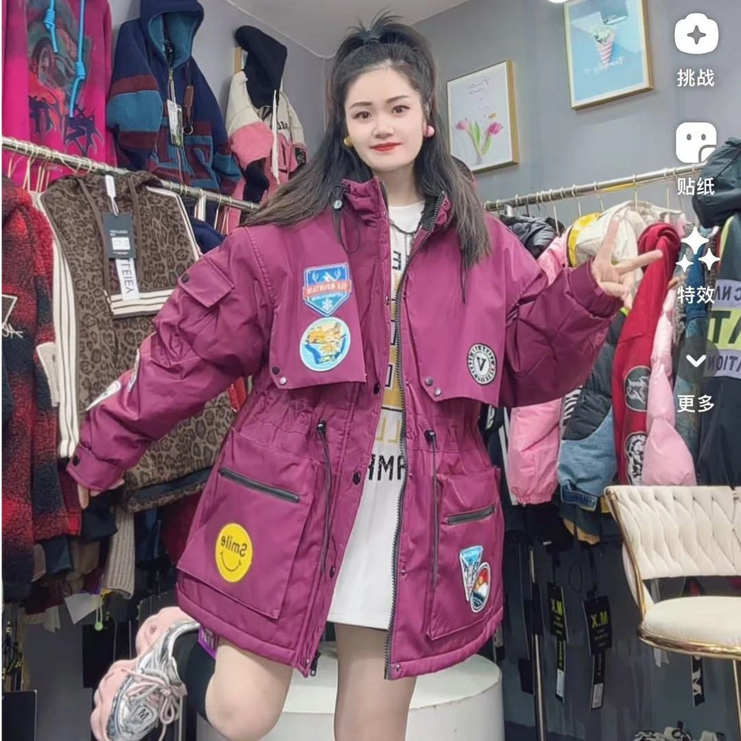 LY家22206#T.D冬季字母刺绣收腰连帽加棉宽松冲锋衣外套