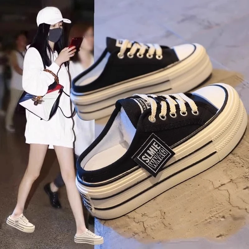 百搭板女夏季外穿2024年新款网红爆款小个子厚底增高无后跟帆布鞋