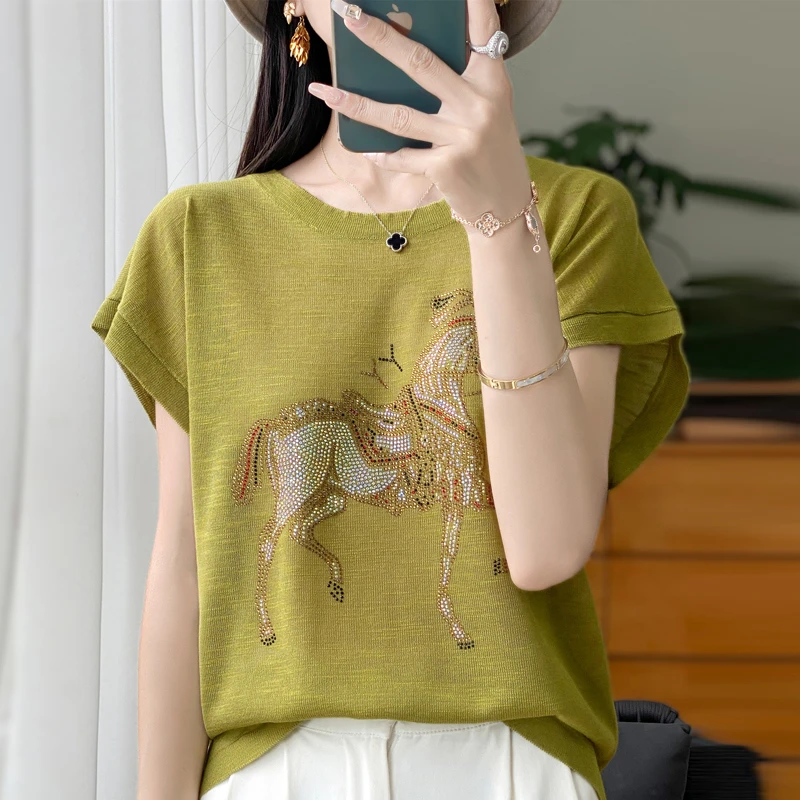 圆领亚麻短袖t恤女夏薄款套头针织半袖背心宽松显瘦烫钻上衣体恤T