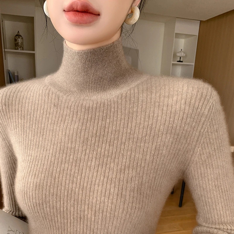 高领100%羊毛衫毛衣女秋冬修身显瘦打底衫短款套头加厚内搭针织衫