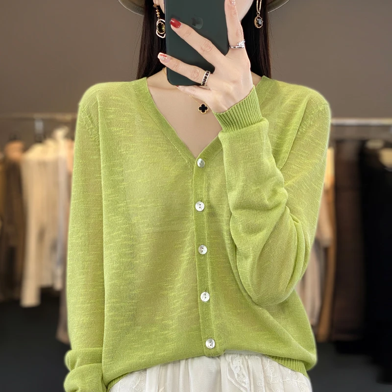 苎麻针织开衫女夏薄款长袖外搭防晒衣宽松显瘦短款百搭V领空调衫