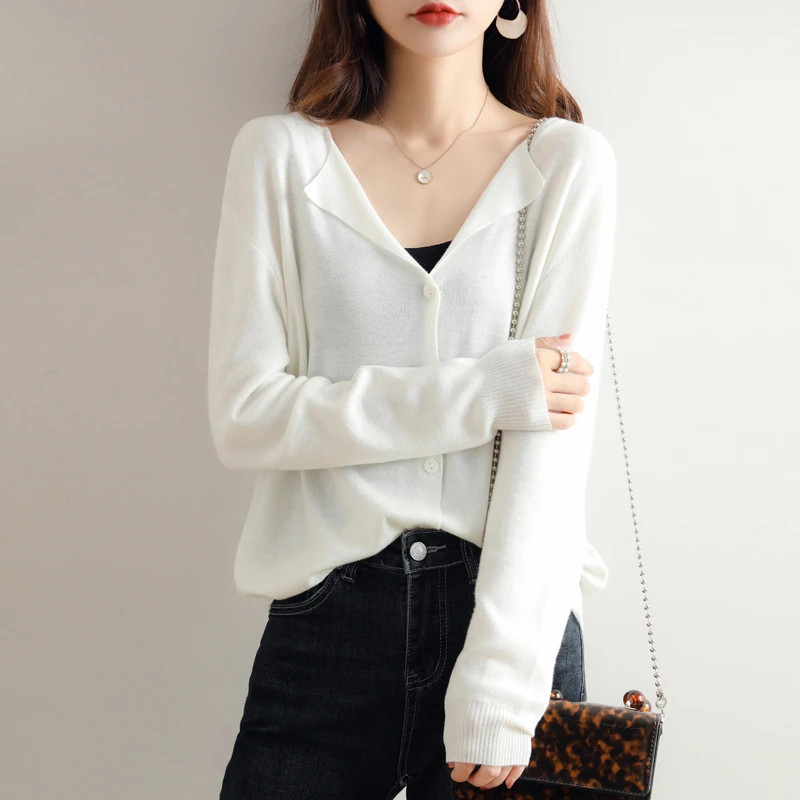 精纺薄款羊毛针织开衫女春夏薄款长袖外搭上衣宽松显瘦短款空调衫