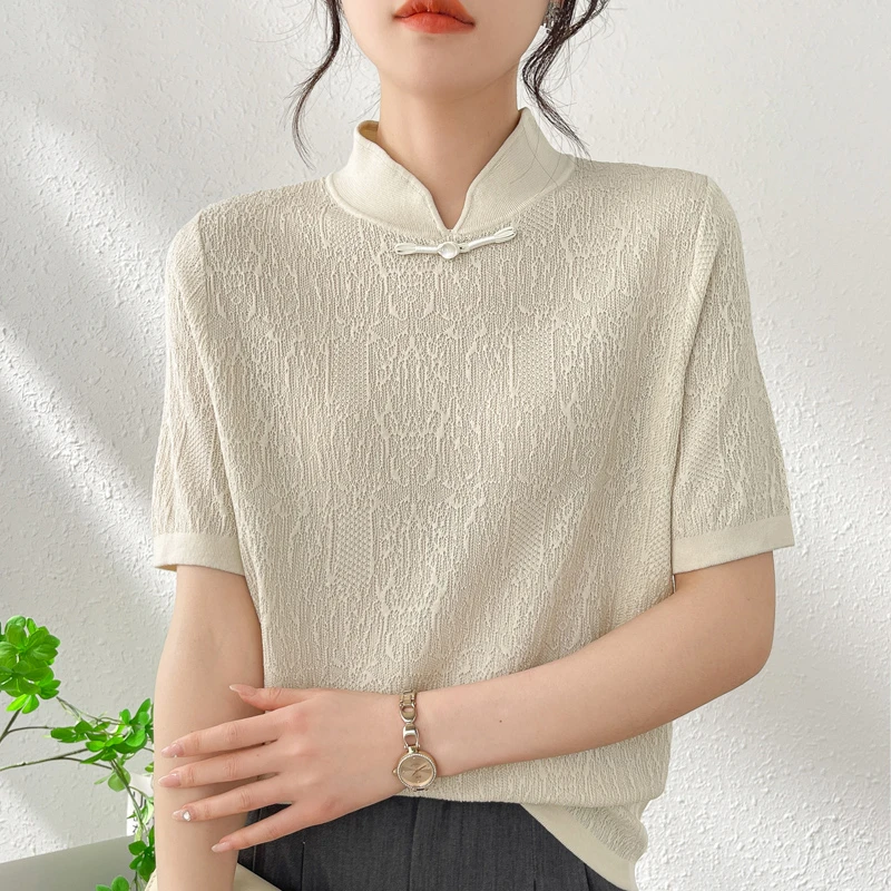 新中式国风立领针织短袖t恤女夏薄套头半袖背心体恤宽松盘扣上衣T