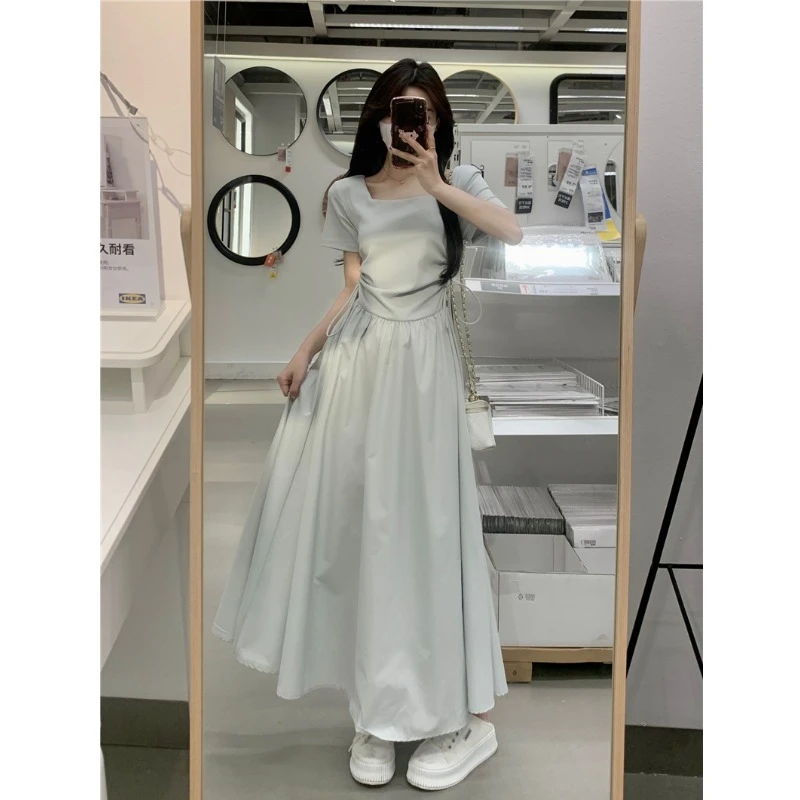 蓝色连衣裙子女夏季茶歇法式方领气质小个子高级感收腰法式连衣裙