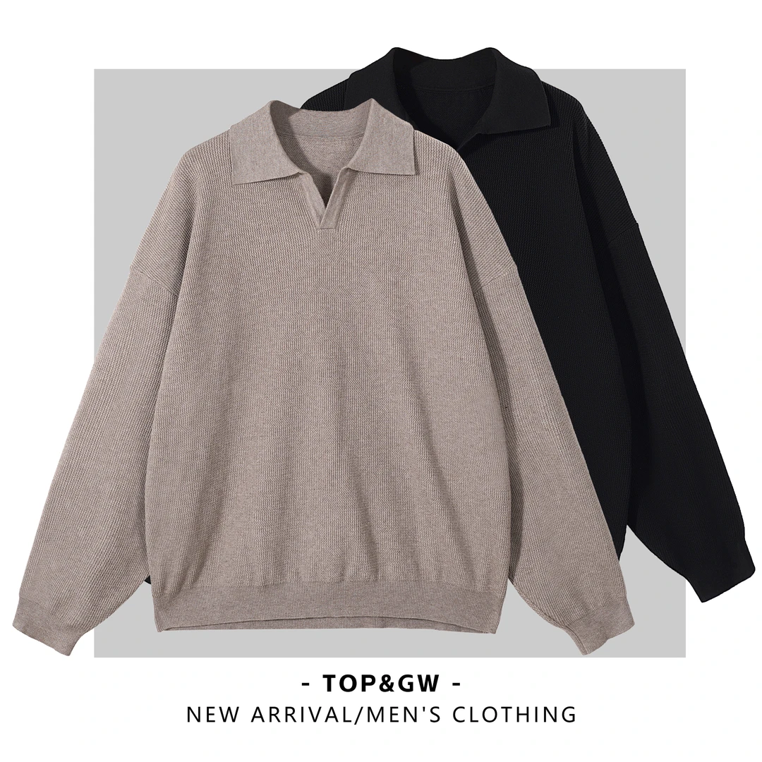 美式纯色V领长袖毛衣男秋季大码复古慵懒侣百搭针织外套MY2410