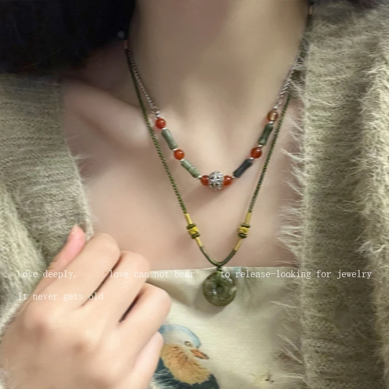 玻璃项链 新中式平安扣串珠项链女小众设计竹节拼接绿色手作古风