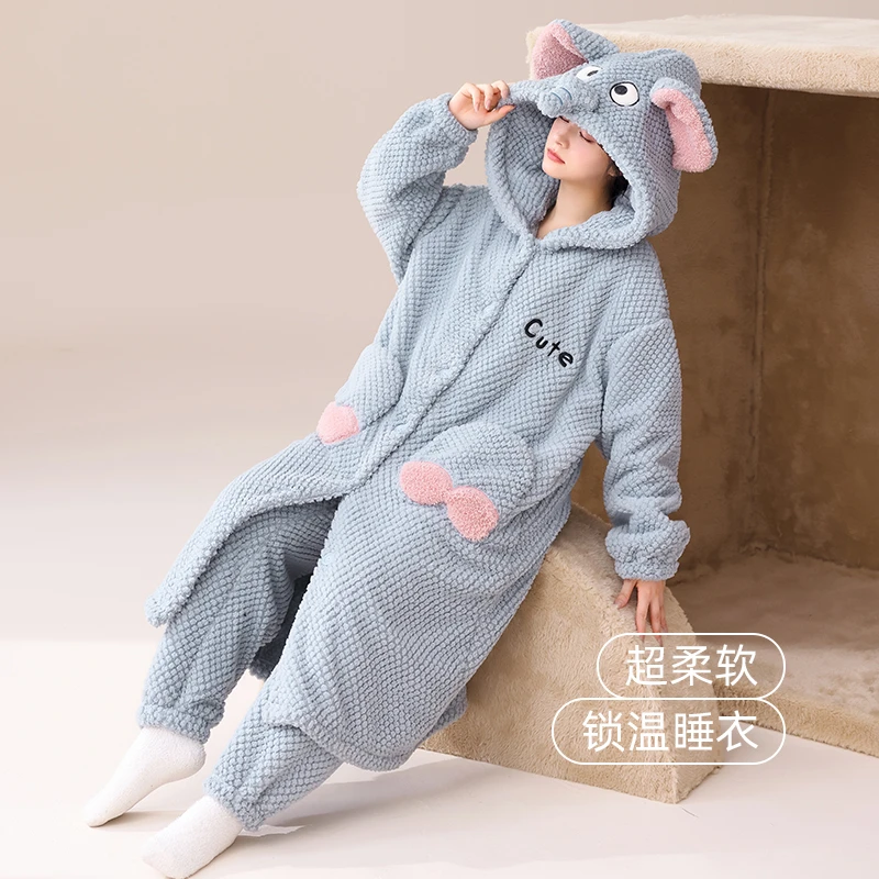 秋冬季新款2024长袖睡衣袍套时尚可爱风加绒保暖锁温可外穿家居服