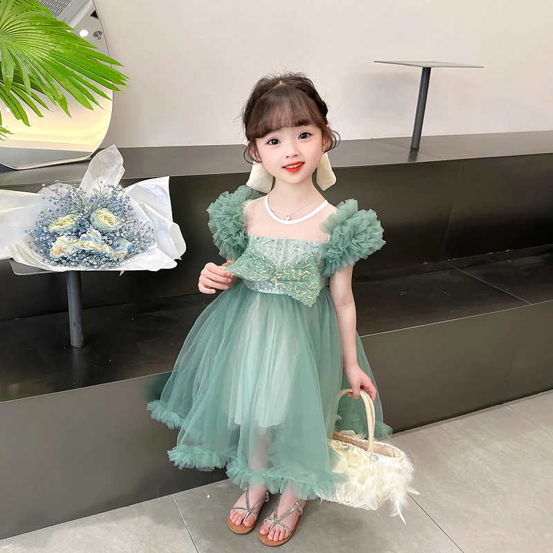 女童夏季连衣裙2024新款泡泡袖夏装洋气夏款礼服小童超仙公主纱裙