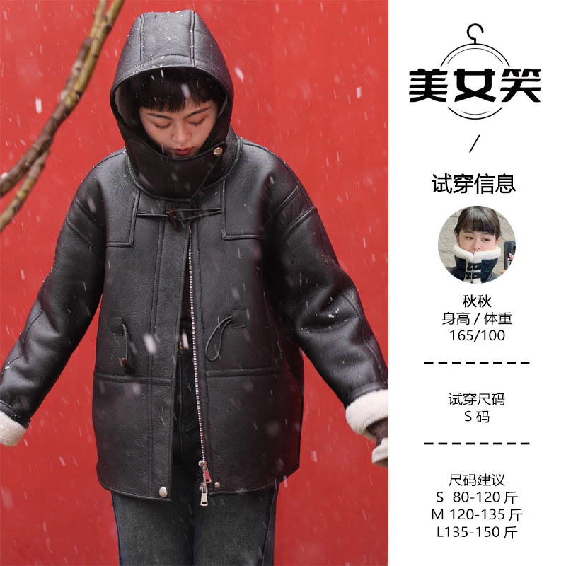 MNX美女笑（88039）全羊毛宽松保暖冬季外套加厚连帽休闲韩版大衣