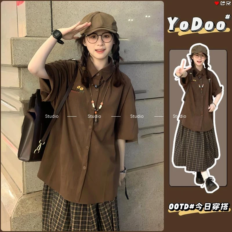 日系港风简约美拉德短袖衬衫女美式复古街头夏宽松bf百搭衬衣外套