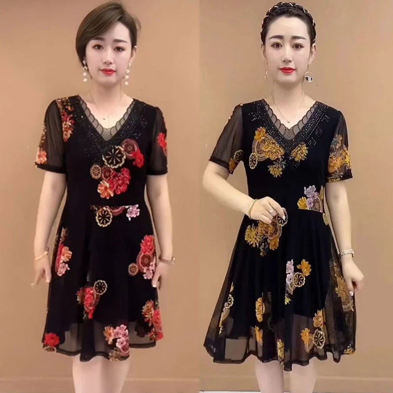 夏季烫钻蕾丝花边印花网纱连衣裙大码洋气妈妈装遮肚显瘦中长款