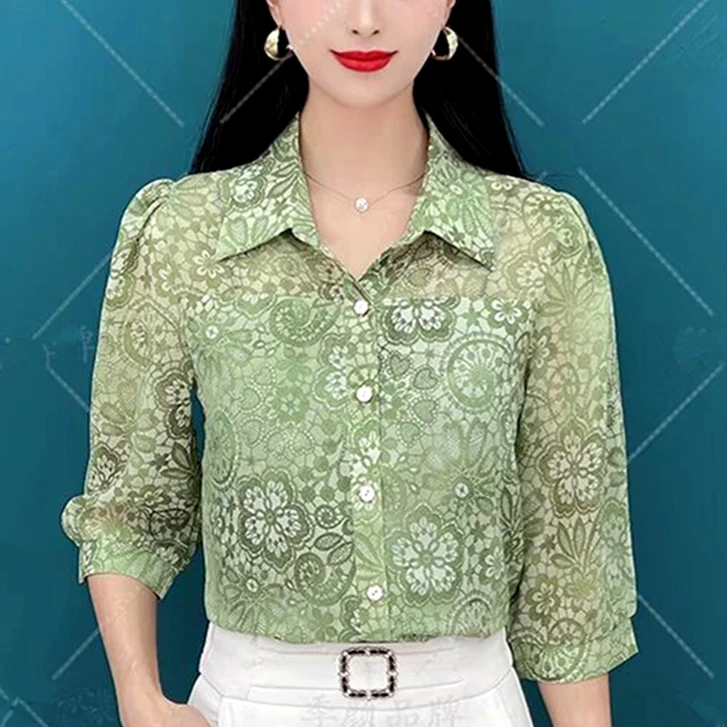 【多色多码】夏季薄款七分袖冰丝衬衫大码宽松显瘦中袖防晒开衫上衣