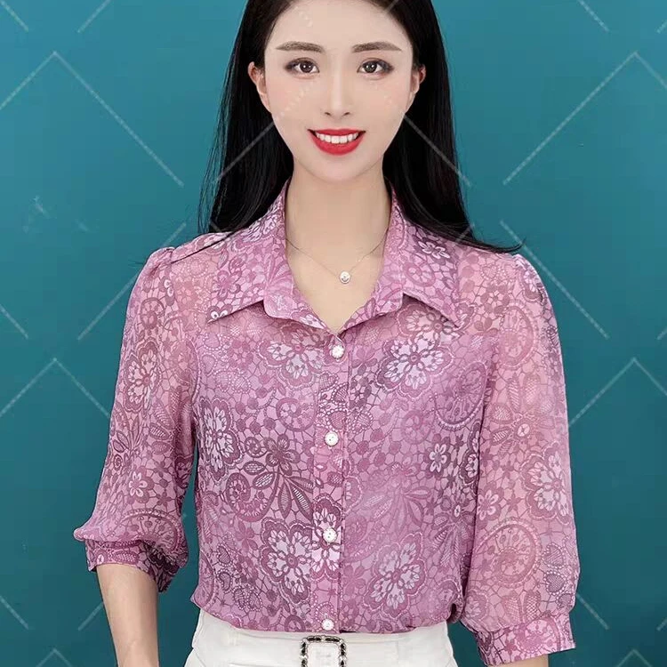 【多色多码】薄款春秋七分袖印花冰丝衬衫大码宽松显瘦防晒开衫上衣