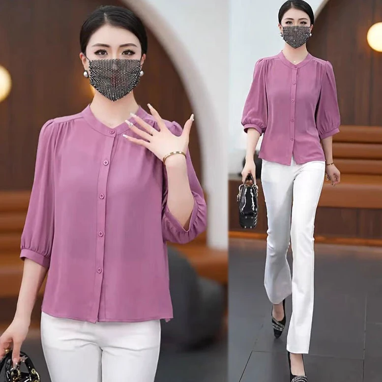 【厂家福利】夏季中袖薄款冰丝衬衫大码显瘦宽松遮肚洋气质减龄上衣