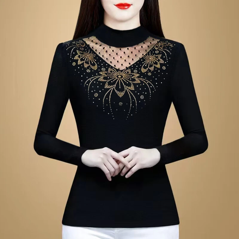 【多款多码】秋冬黑色网纱烫钻打底衫大码内搭小衫长袖加绒保暖上衣