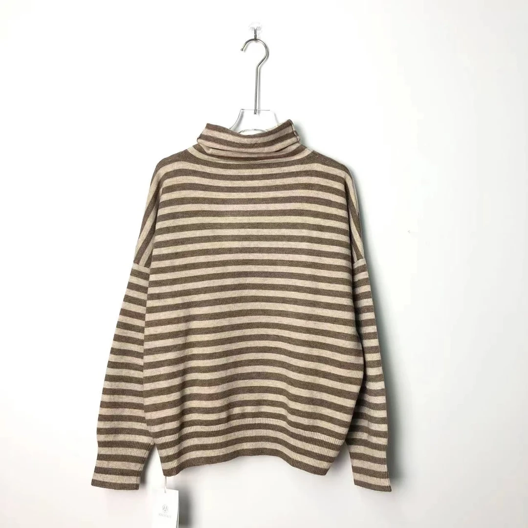 ML9215【品牌撤柜】时尚堆堆高领咖啡色条纹百搭上衣