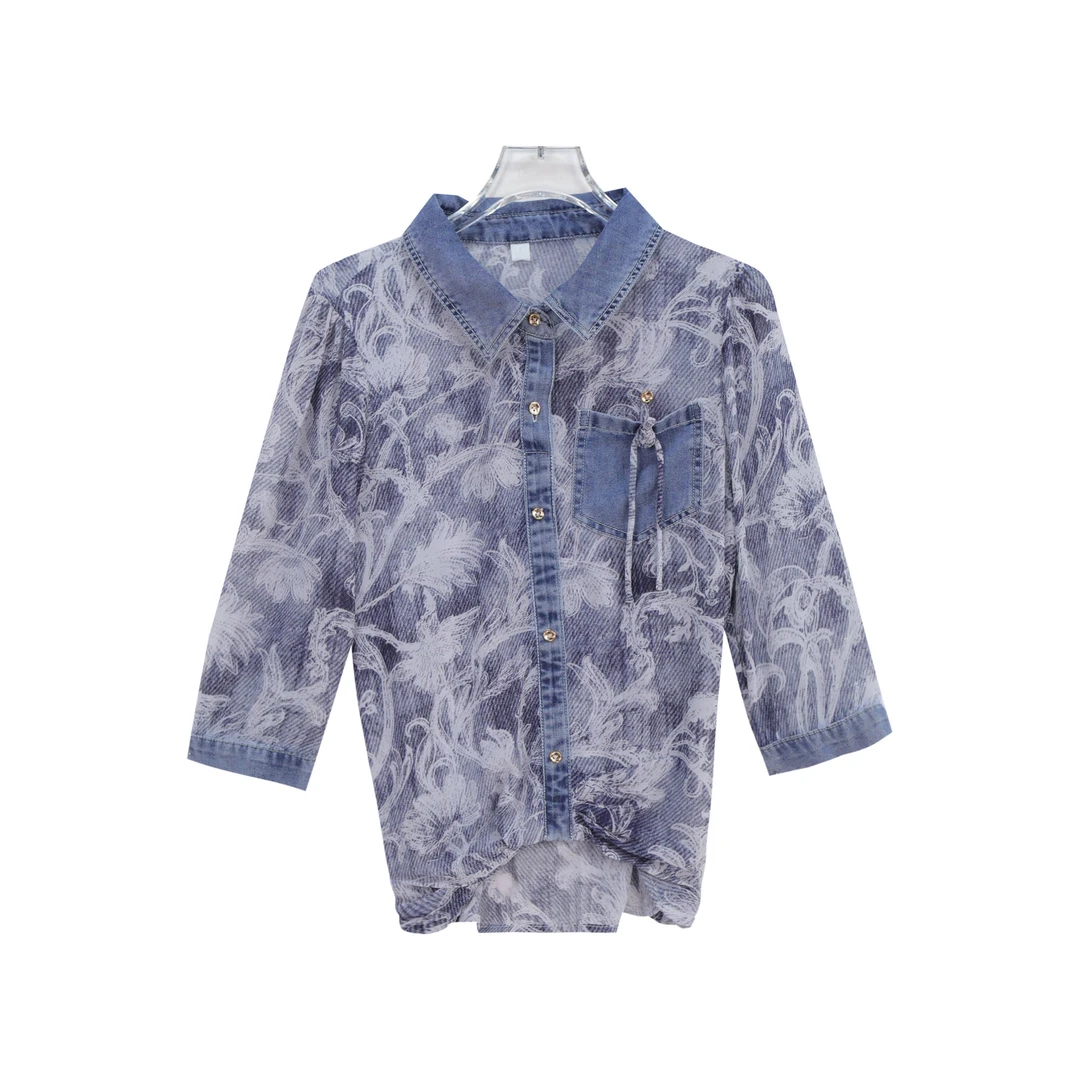 时尚牛仔拼接夏季新款洋气碎花气质衬衫上衣S1351